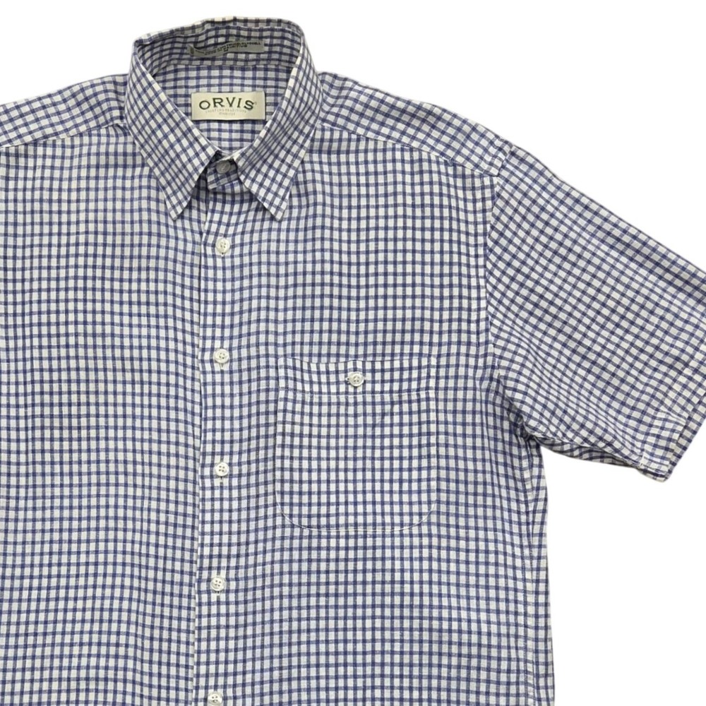 Orvis Hemp Blend Short-Sleeve Shirt Blue Gingham Check Mens Medium‎